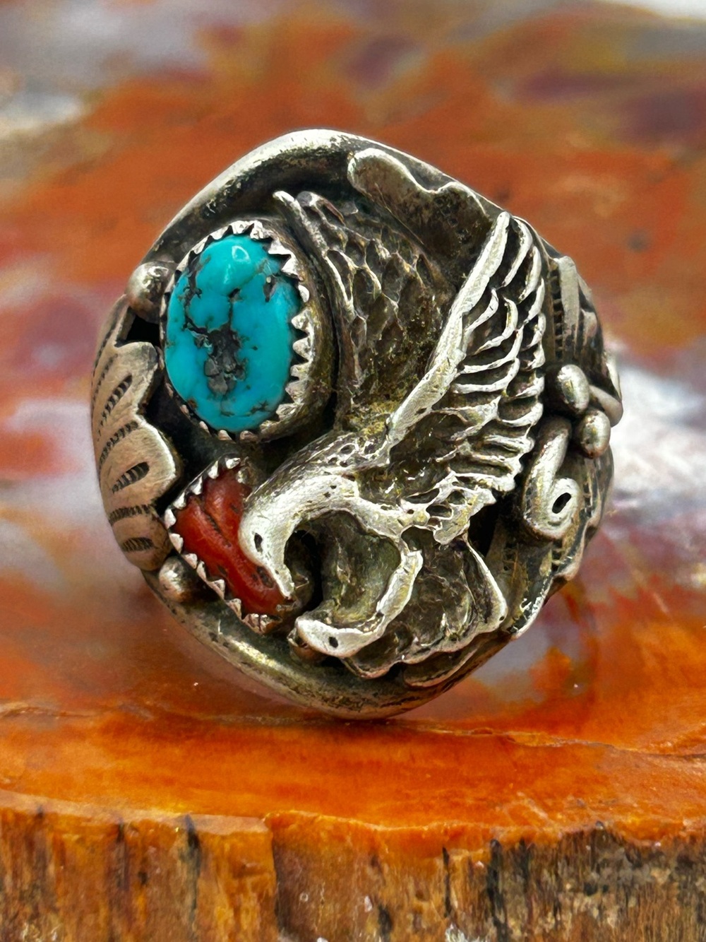 Mens Southwest Turquoise and Coral Eagle Ring - Size 11